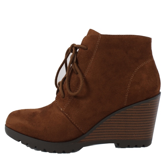 Soda Shoes - Oak  Faux Suede Lace Up Stacked Wedge Ankle Boo
